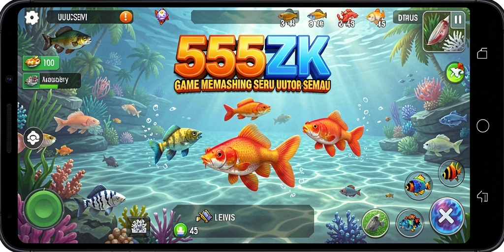 Gameplay seru dalam 555ZK dengan memancing di berbagai lokasi.