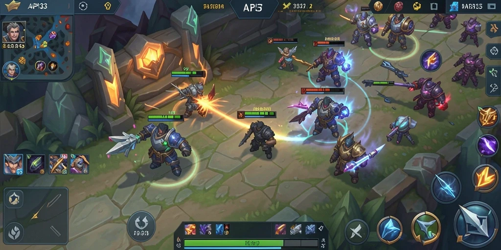 Screenshot gameplay dinamis dari API33 menampilkan aksi seru di arena MOBA.