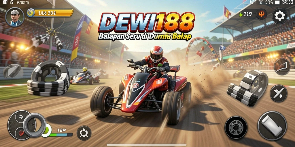 Gameplay mendebarkan DEWI188 menunjukkan mobil berkecepatan tinggi di lintasan balap.