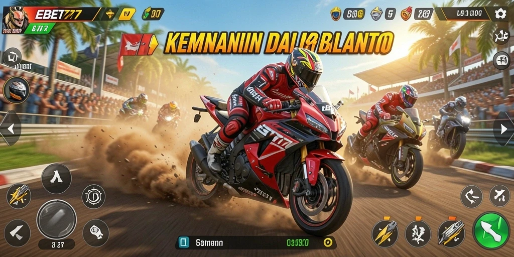 Screenshot gameplay EBET777 menampilkan balapan motor yang seru dan menegangkan.