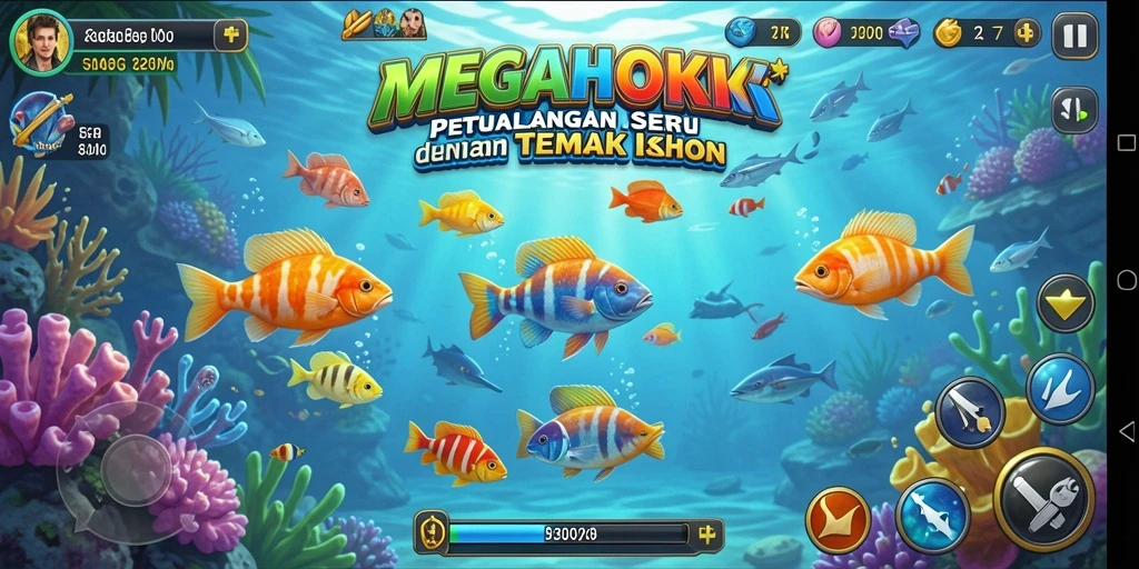 Screenshot utama MEGAHOKI menampilkan gameplay menangkap ikan yang seru.