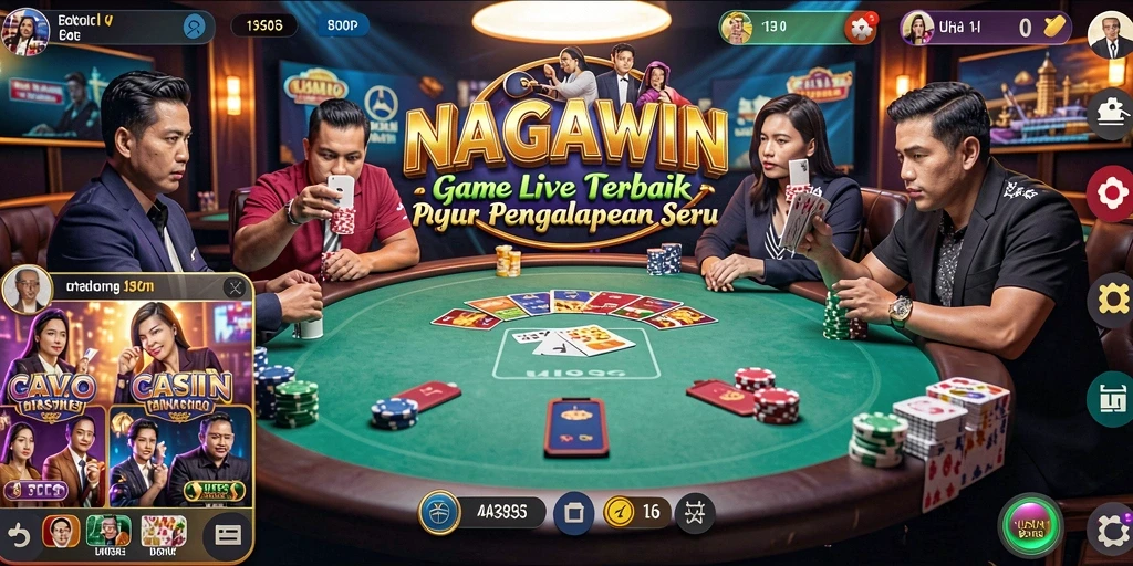 Tangkapan layar utama NAGAWIN menampilkan dealer sedang berinteraksi dengan pemain dalam permainan Live Casino.