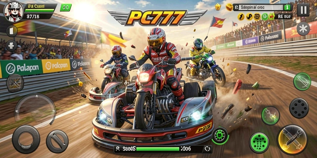 Tangkapan layar menampilkan aksi balapan seru di PC777.