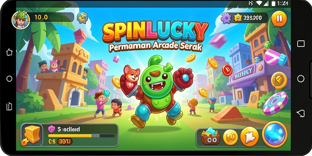 Tangkapan layar gameplay SPINLUCKY dengan roda keberuntungan yang berputar.